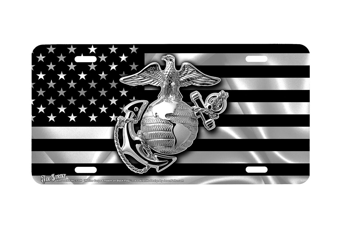"Marine Corps Emblem on Black Flag" - Decorative License Plate